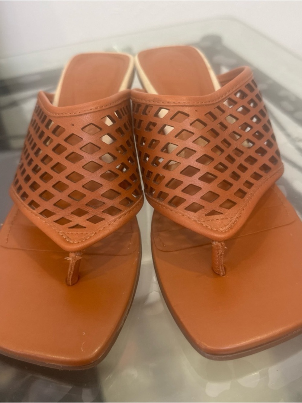 Women's Tan Cutout Thong Slide Sandals